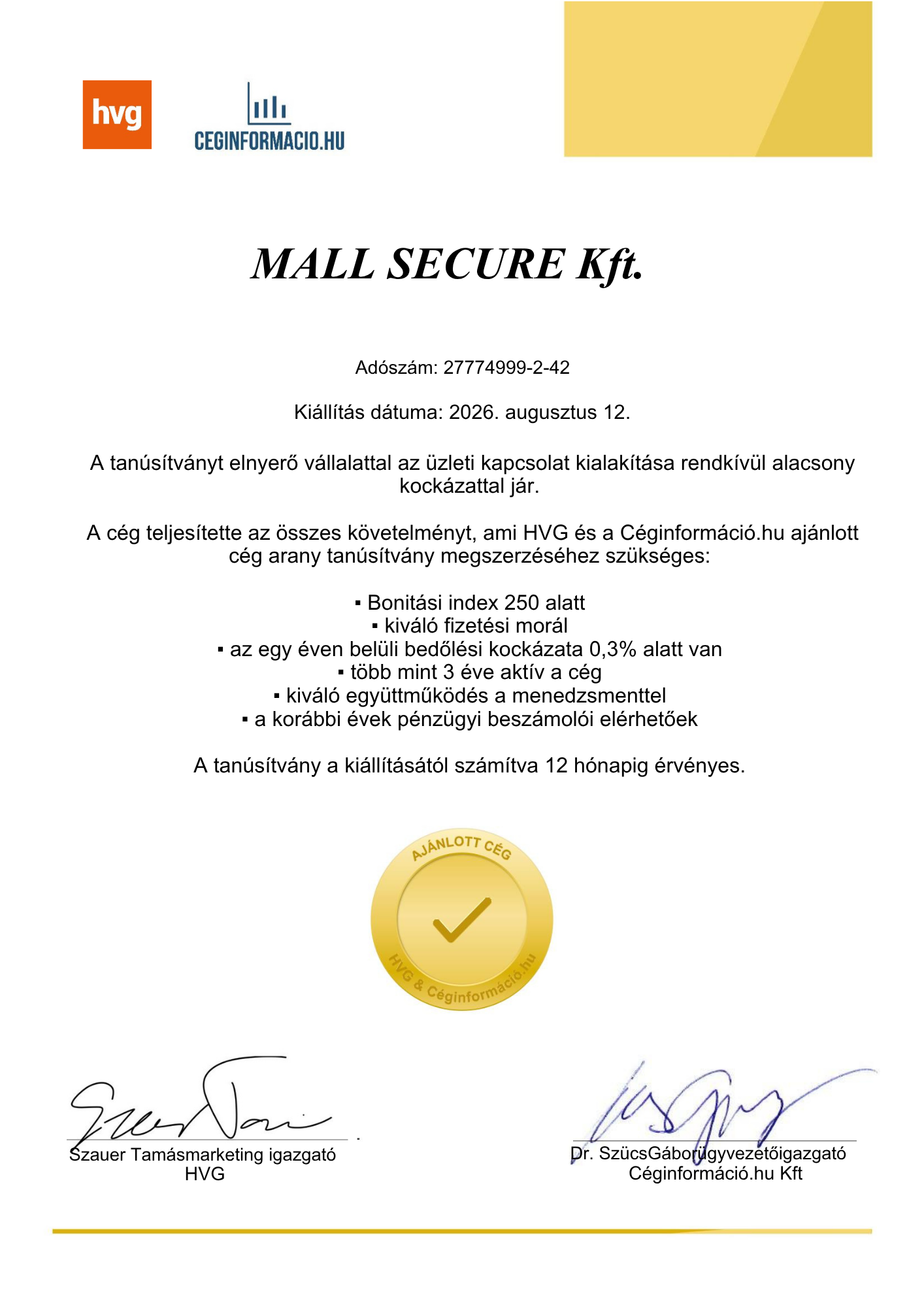 Mall Secure Kft. – HVG és Céginformáció.hu Ajánlott Cég Arany Tanúsítvány